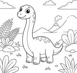 Cute Baby Brachiosaurus Dinosaur Coloring Page, Friendly Long Neck Prehistoric Animal in a Tropical Landscape, Black and White Line Art for Kids © Ahamed