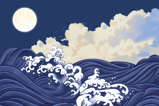 Japanese Style Ocean Waves with Full Moon at Night Illustration