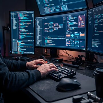 Programmer typing on a mechanical keyboard at a workstation with multiple monitors displaying lines of code and data dashboards.   