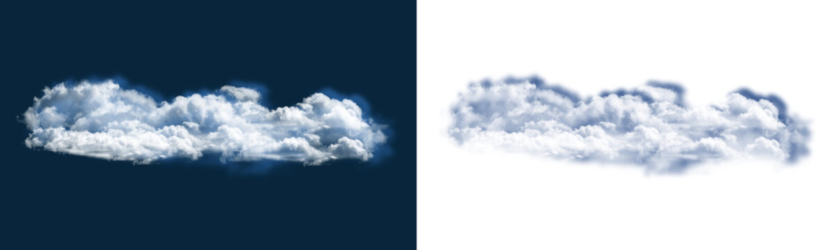 An elongated fluffy white cloud formation isolated on a dark blue background, featuring a matching alpha channel mask for editing tasks