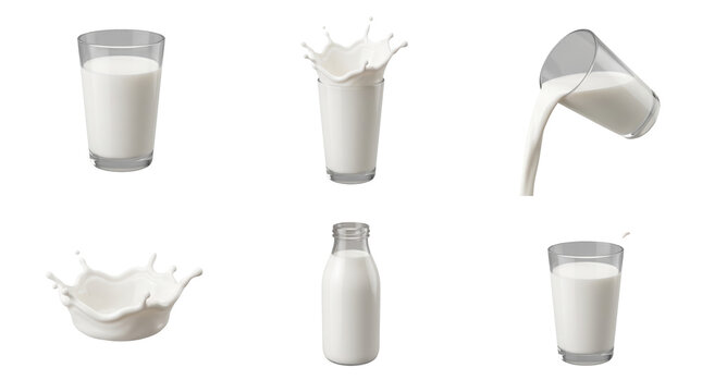 Collection of milk glasses, bottles, and splashes showing pouring and still liquid states for food isolated on a transparent background