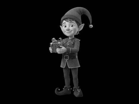 A friendly 3D cartoon Christmas elf holds a wrapped gift box, isolated on transparent background. Ideal for holiday greeting cards and festive retail marketing materials.