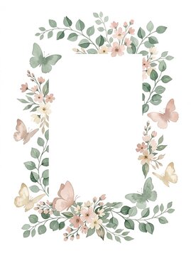 水彩画風の柔らかいタッチで描かれた花と蝶の装飾フレーム
