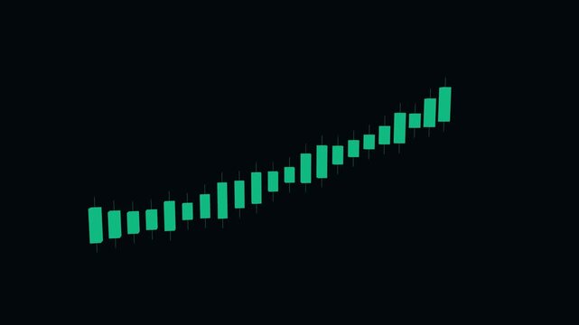 Abstract 3D visualization of bullish green financial candlestick chart surging upward with trading volume bars in 4K 15s finance loop.