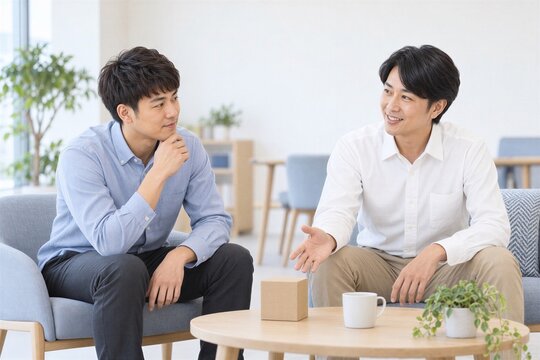 オフィスラウンジで試作品について話し合う日本人男性社員