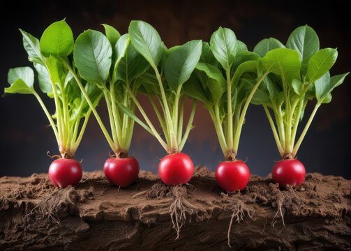 Fresh radish roots and leaves in soil with green stems and tender shoots growing out of ground