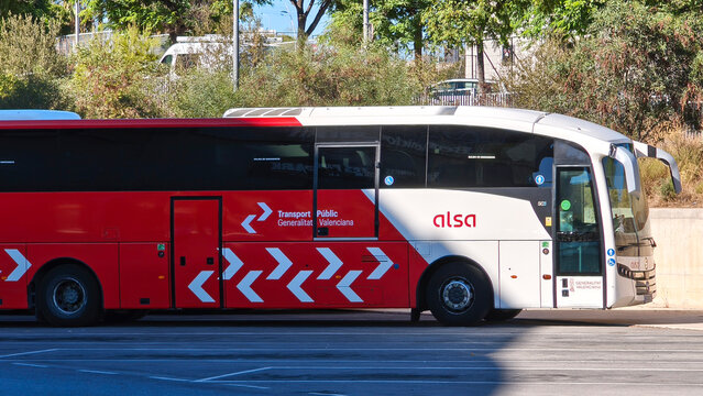 Benidorm, Spain - September 20, 2026: ALSA bus parked at Benidorm Bus Station, ready for passenger departures and intercity travel. ALSA is leading long-distance bus company in Spain