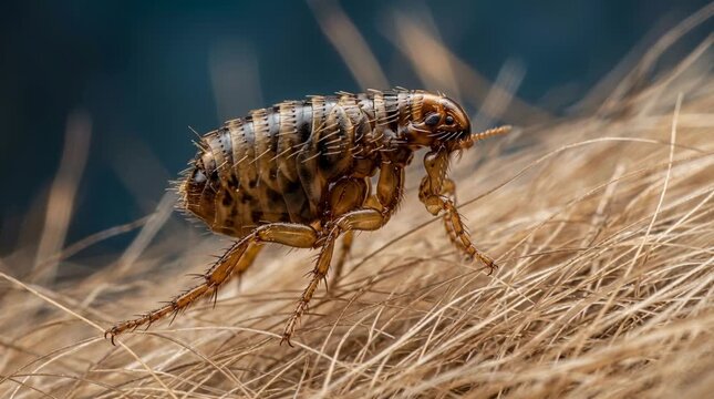Flea on fur macro, brown parasite jumping animal hair, blue blur backdrop. Flea bite danger concept, tiny pest infection risk closeup. Flea on fur pet menace