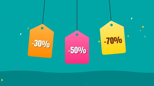 Three swinging discount price tags -30% -50% -70% on teal background, seamless loop flat animation