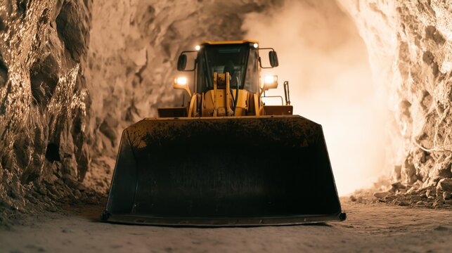 Heavy duty front loader vehicle operating inside a dusty underground mine tunnel