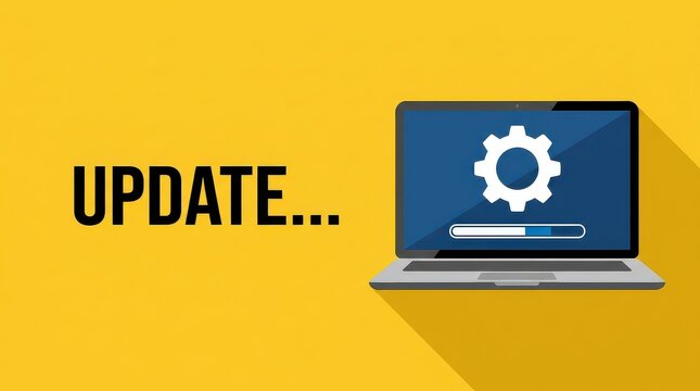 Laptop Computer with Software Update Progress Bar and Gear Icon on Yellow Background Flat Design Illustration