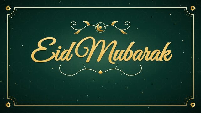 Eid Mubarak gold script draws itself stroke by stroke, then ornate filigree scrolls, crescent emblem and frame appear with a shine sweep on emerald green, ending with Blessed Eid al-Fitr.