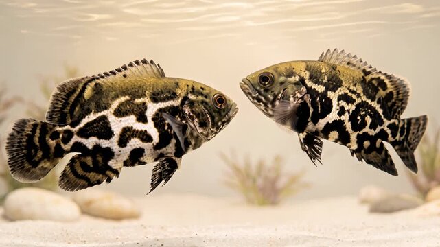 two white tiger oscar fish close up underwater at morning light in aquarium video