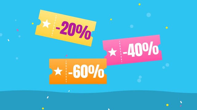 Floating discount coupon tickets -20% -40% -60% on sky blue background, seamless loop flat animation