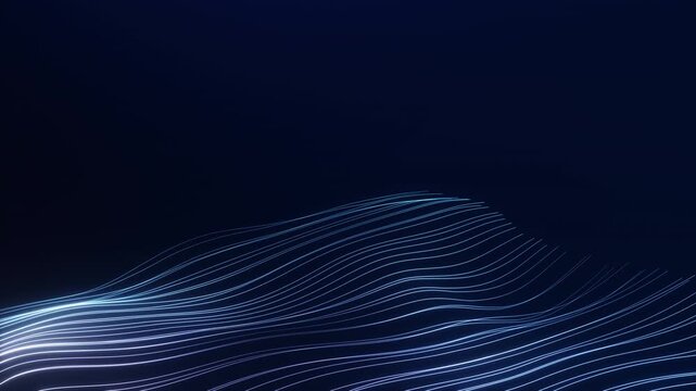 Fine white wave lines flow across a dark blue background with open copy space. Minimal abstract motion graphics for technology titles and presentations.