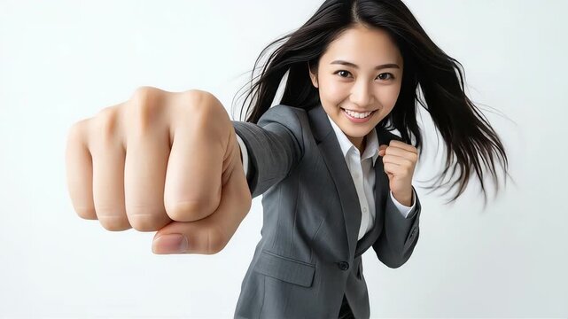 グレーのスーツ姿で拳を握り笑顔でカメラにパンチする女性会社員