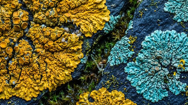 Macro Shot of Yellow Lichen and Blue Crustose Lichen Growing on Dark Rock Surface