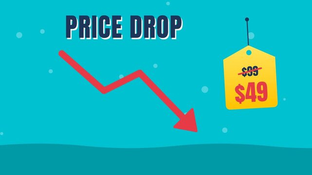 Price Drop text with falling arrow and price tag on aqua background, seamless loop flat animation