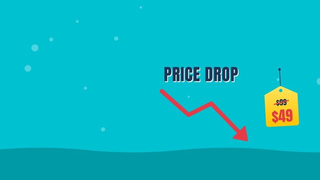 Price Drop text with falling arrow and price tag with copy space for text on aqua background, seamless loop flat animation