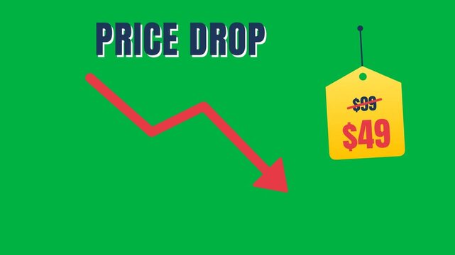 Price Drop text with falling arrow and price tag on green screen chroma key, seamless loop flat animation