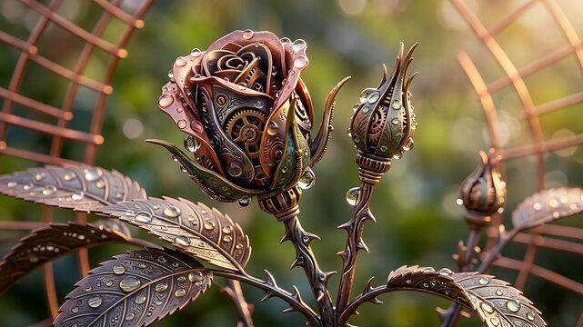 Steampunk mechanical copper rose with intricate gears and water droplets