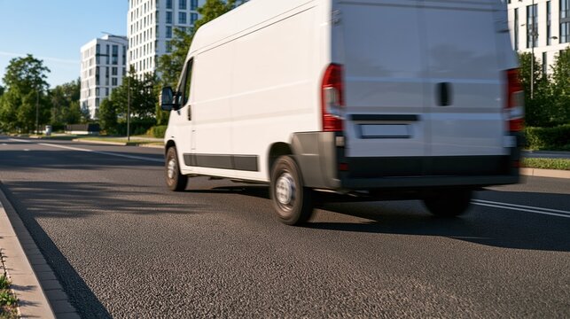 White Cargo Van Driving on City Street with Modern Buildings in Background