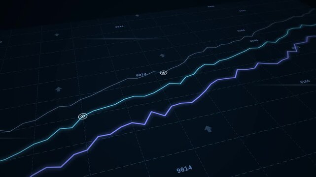 Stock market growth lines on 3D grid for financial investment trading trends economic rise and business forecasting animation