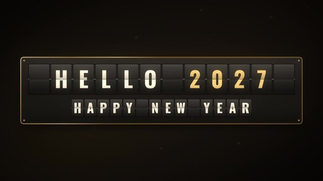 Split-flap departure board flips from Goodbye 2026 to Hello 2027 Happy New Year, seamless loop