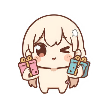 Cute Chibi Mascot Holding Two Gift Boxes Buy One Get One Sticker