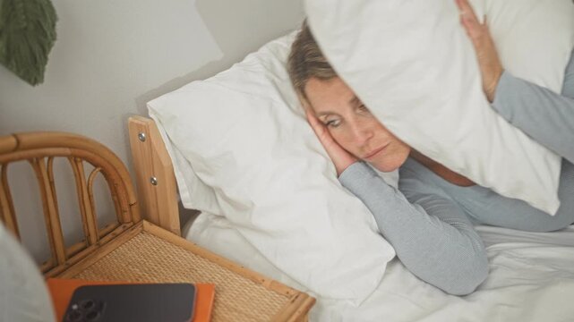 Woman covering ears with pillow on bed beside smartphone and notebook inside a building, eyes closed and pressing pillow to head; frustration fatigue.