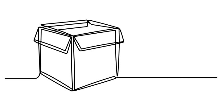 Single continuous line drawing of an open cardboard shipping box isolated on transparent background