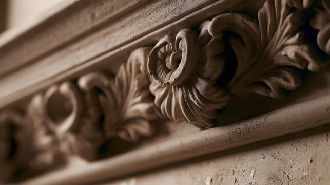 Close up of ornate stucco molding with leaf and scroll motifs on a classical architectural cornice