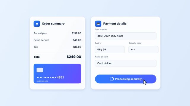 Online checkout payment success for ecommerce shopping secure credit card transaction and digital purchase confirmation animation