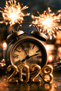Vintage brass clock one minute before midnight with sparklers and 2028 New Year countdown