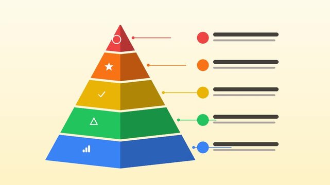 3D pyramid infographic animation, five colorful levels stacking with numbered markers and label lines, hierarchy of needs or priority layers template with empty placeholders, business concept chart fo