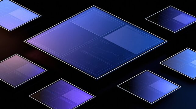 Abstract geometric pattern of interconnected blue and purple digital squares on a dark background