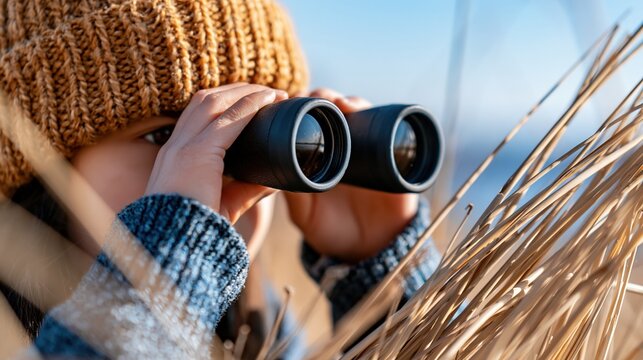 Curious child in warm knitted hat and scarf uses binoculars to explore the natural outdoor environment