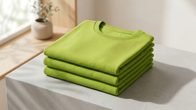 High-quality stack of three neatly folded bright lime green cotton t-shirts placed on a minimalist grey concrete surface in a sunlit interior room with a small decorative plant in the background.