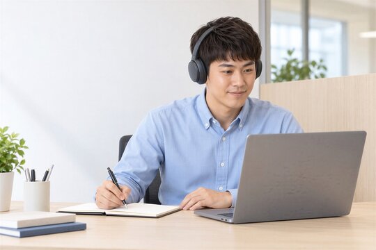 ノートを取りながらオンライン学習に取り組む日本人男性社員