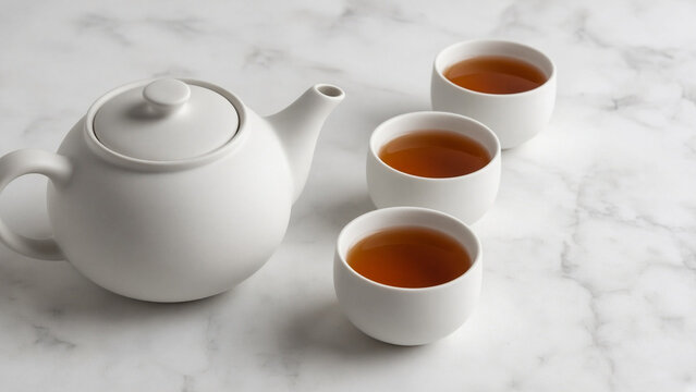 Matte white porcelain teapot and three small cups of amber tea on white marble table, minimal tea ceremony still life with copy space