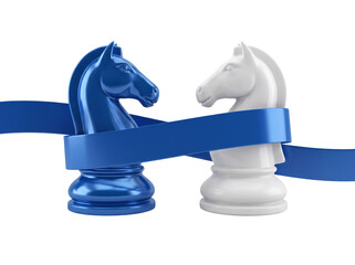 Blue and white chess knight pieces tied together with a blue ribbon isolated on white © MRM
