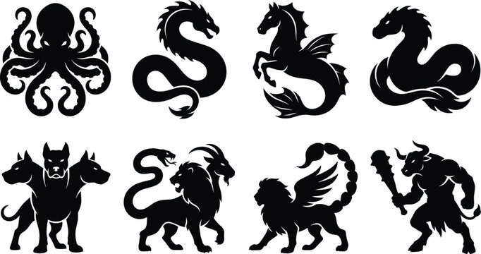 Mythical Creatures Silhouette Set - Black vector collection featuring fantasy monsters including minotaur, cerberus, kraken, chimera, and sea dragons for rpg and gaming design.