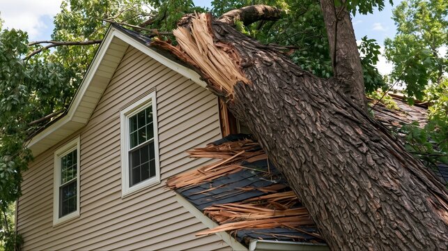 Massive tree trunk crashes down onto residential home roof causing severe structural damage