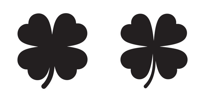 Four leaf clover vector icons set in black solid style for good luck symbols and patrick day graphics.