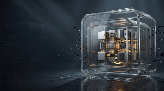 Glowing electronic circuitry inside a transparent glass cube with cir