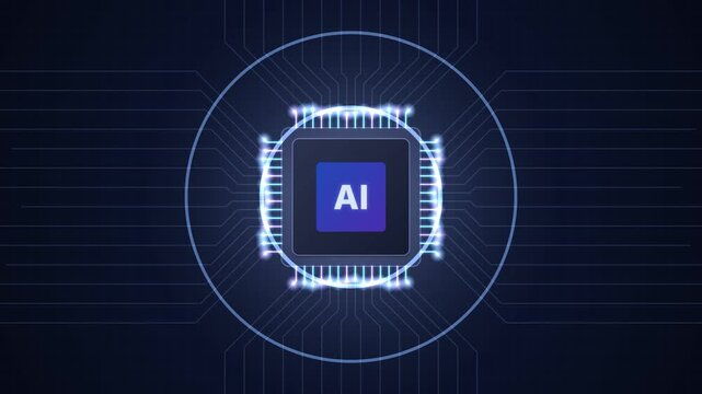 AI processor chip installation into motherboard socket powering computer hardware semiconductor circuits and artificial intelligence computing animation
