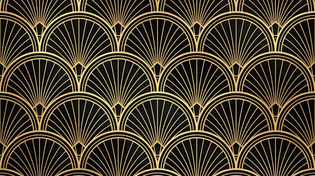  Art Deco fan shell scallop gold on black pattern