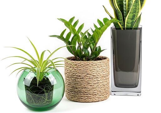 Three different indoor potted houseplants arranged neatly together on a white surface