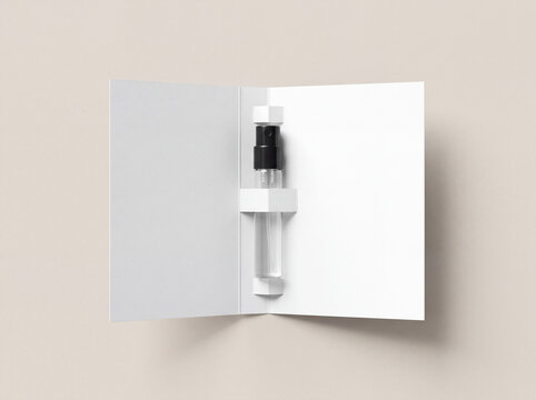 Three milliliter perfume sample vial with spray applicator, complimentary fragrance sample provided with full-size perfume purchase, minimalist packaging, realistic glass bottle, luxury beauty product