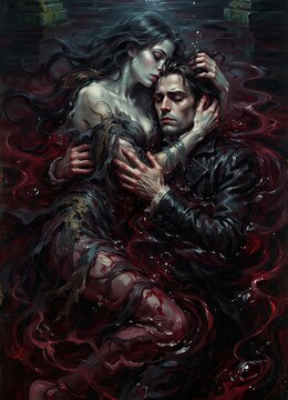 Gothic dark romance illustration, dramatic couple portrait in deep moody waters with red undertones and bubbles